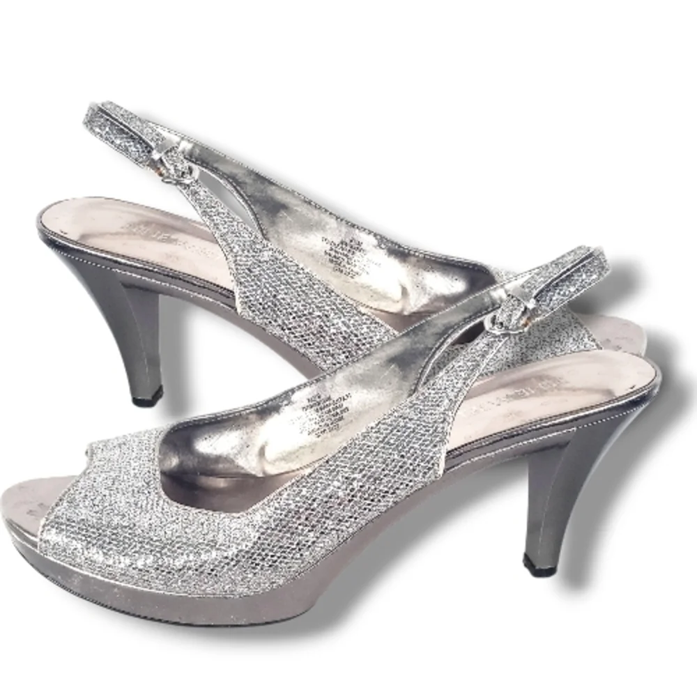 Nine West Silver Glitter Slingback Heels